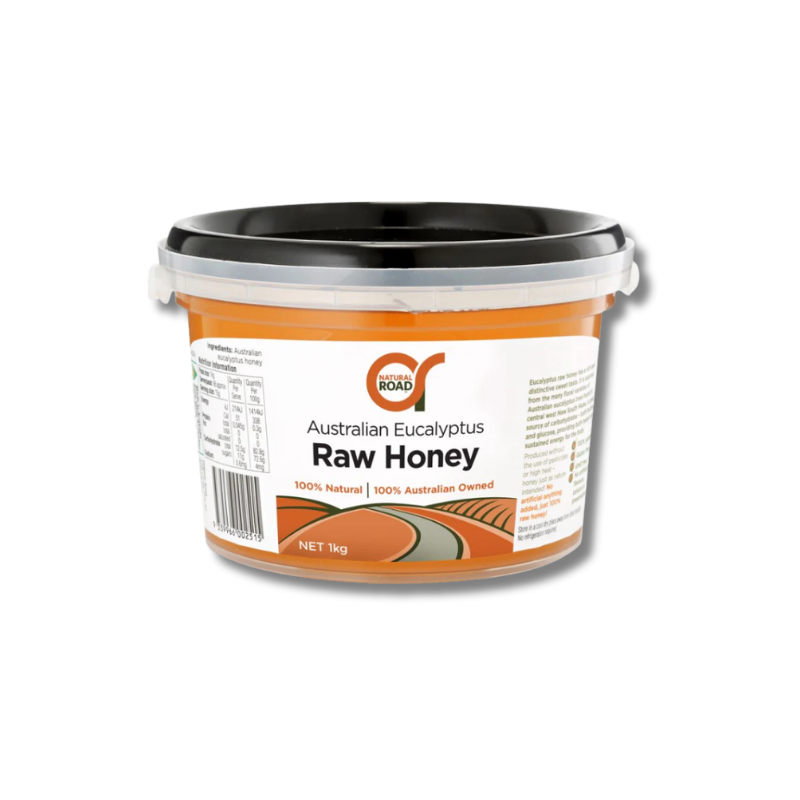 Container of Australian Eucalyptus Raw Honey on a white background