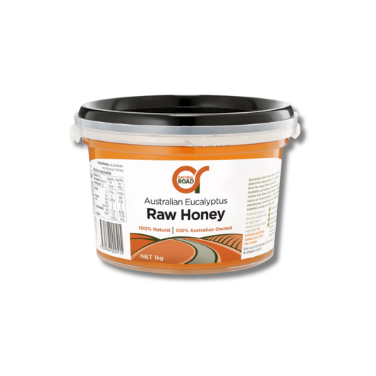 Container of Australian Eucalyptus Raw Honey on a white background
