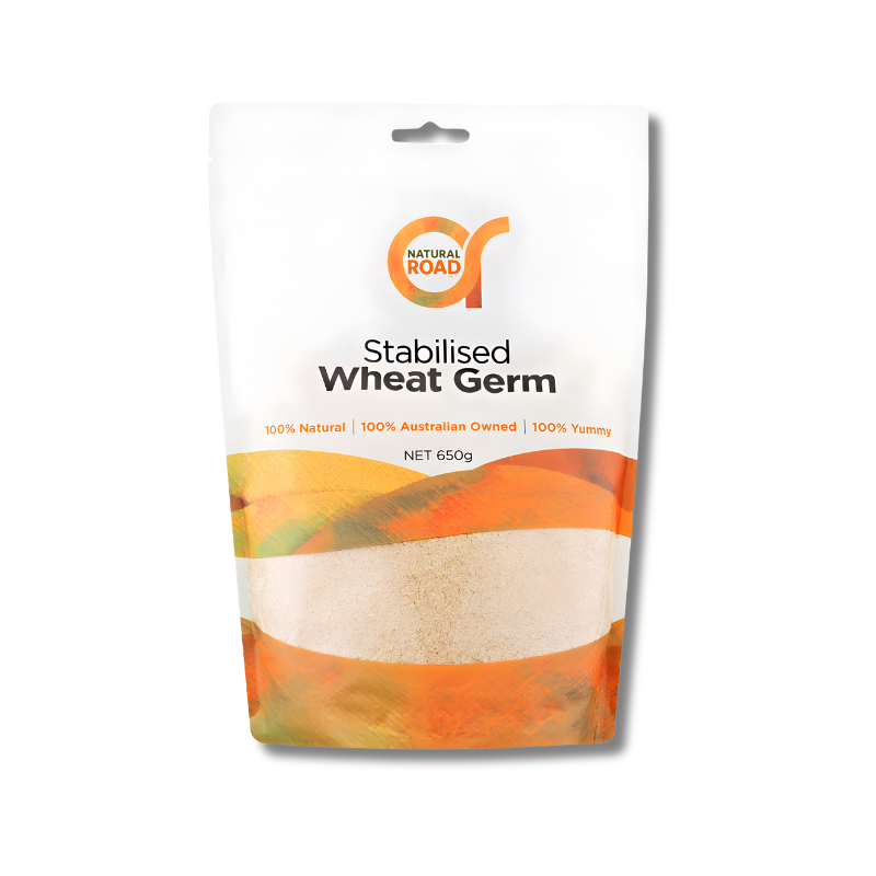 Package of stabilised wheat germ with 'Natural Road' branding on a white background