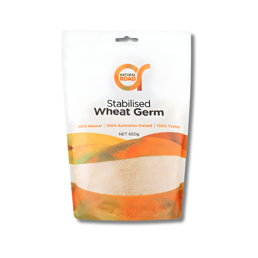 Package of stabilised wheat germ with 'Natural Road' branding on a white background