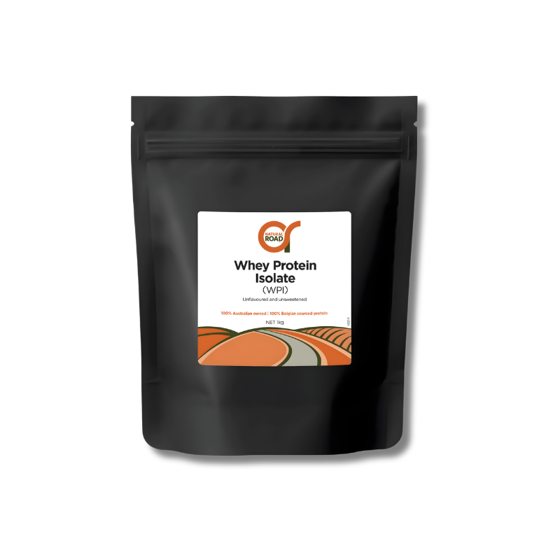 Black packaging of whey protein isolate with a white label on a white background