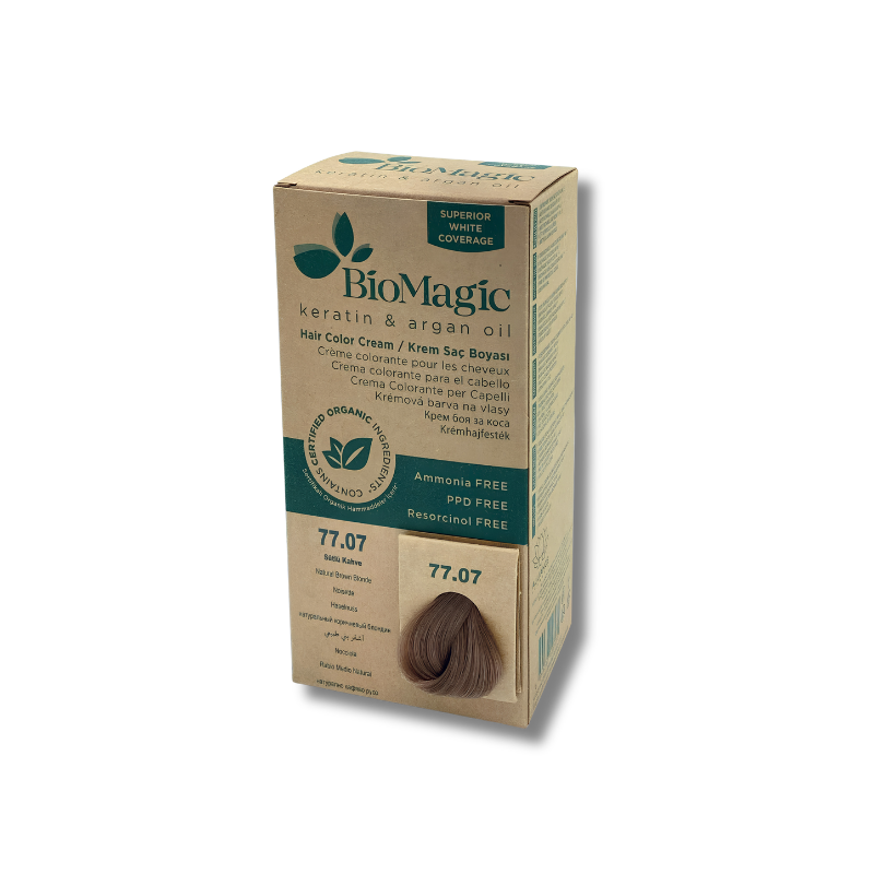BioMagic hair color cream box with brown hair swatch on a white background