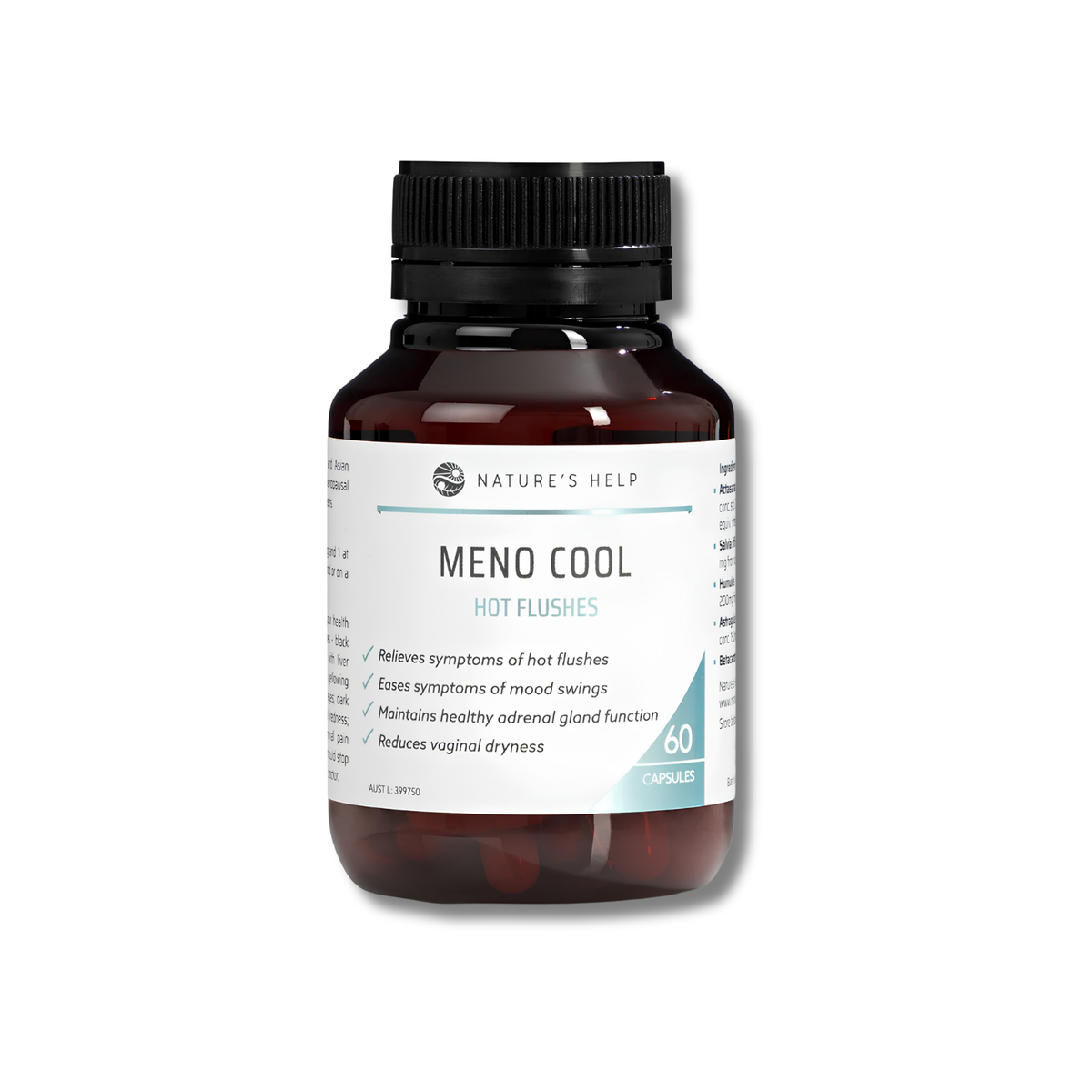 Nature's Help Meno Cool Hot Flushes supplement bottle, containing 60 capsules, shown on a clean white background.