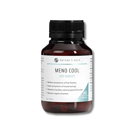 Nature's Help Meno Cool Hot Flushes supplement bottle, containing 60 capsules, shown on a clean white background.