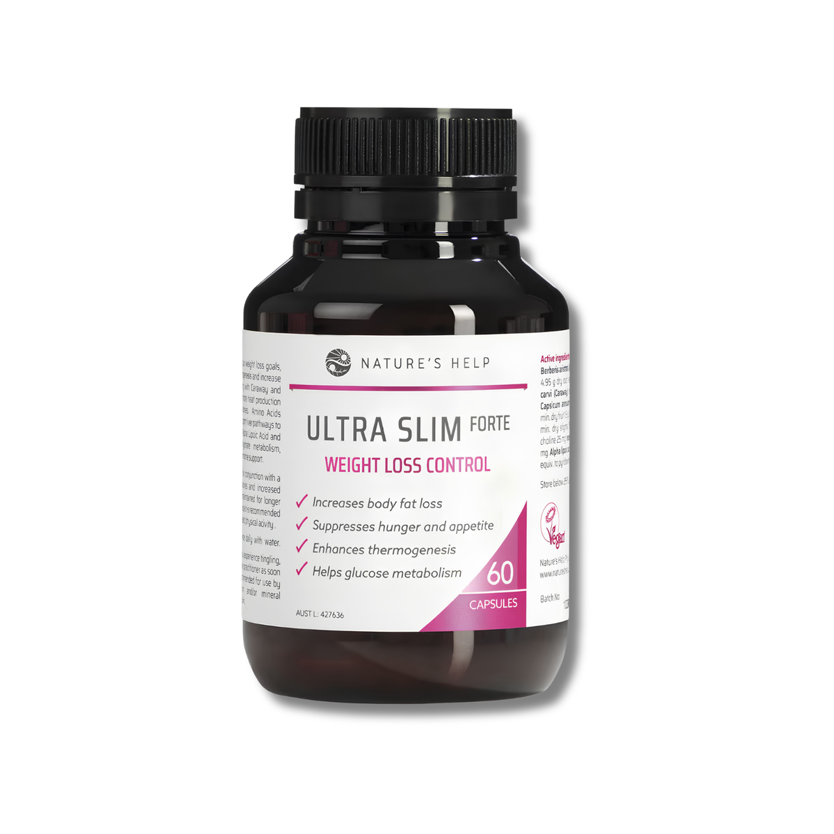 Nature's Help Ultra Slim Forte weight loss control supplement in a dark amber bottle with a black cap and a white label featuring pink accents.