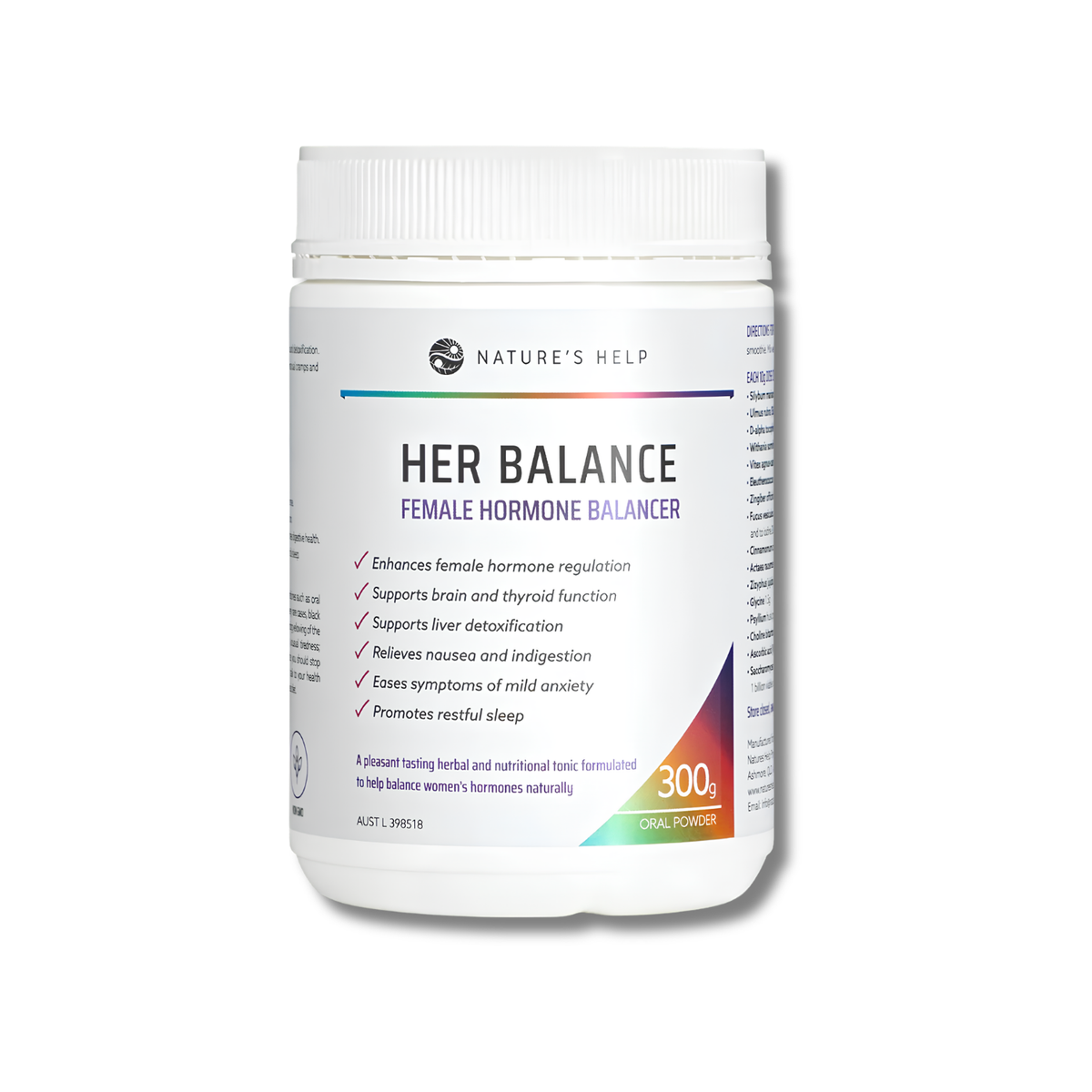Nature's Help Her Balance Female Hormone Balancer supplement bottle, 300 oral powder, on a white background.
