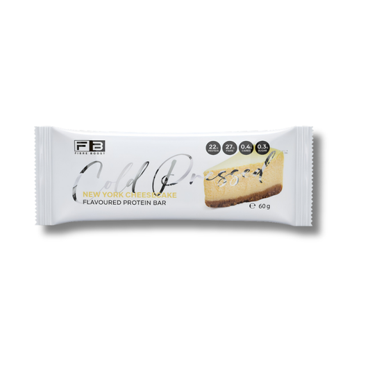 A single FB Food Form 'Cold Proof' New York Cheesecake Flavour Protein Bar in its white wrapper packaging, shown against a plain white background.
