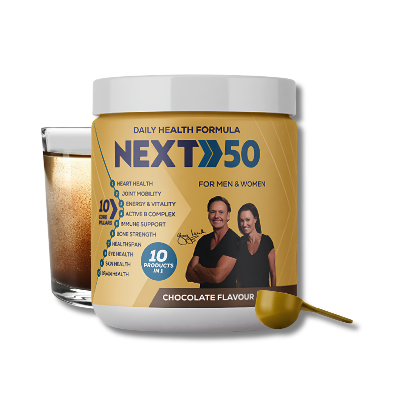 NEXT50 health supplement jar with a spoon on a white background