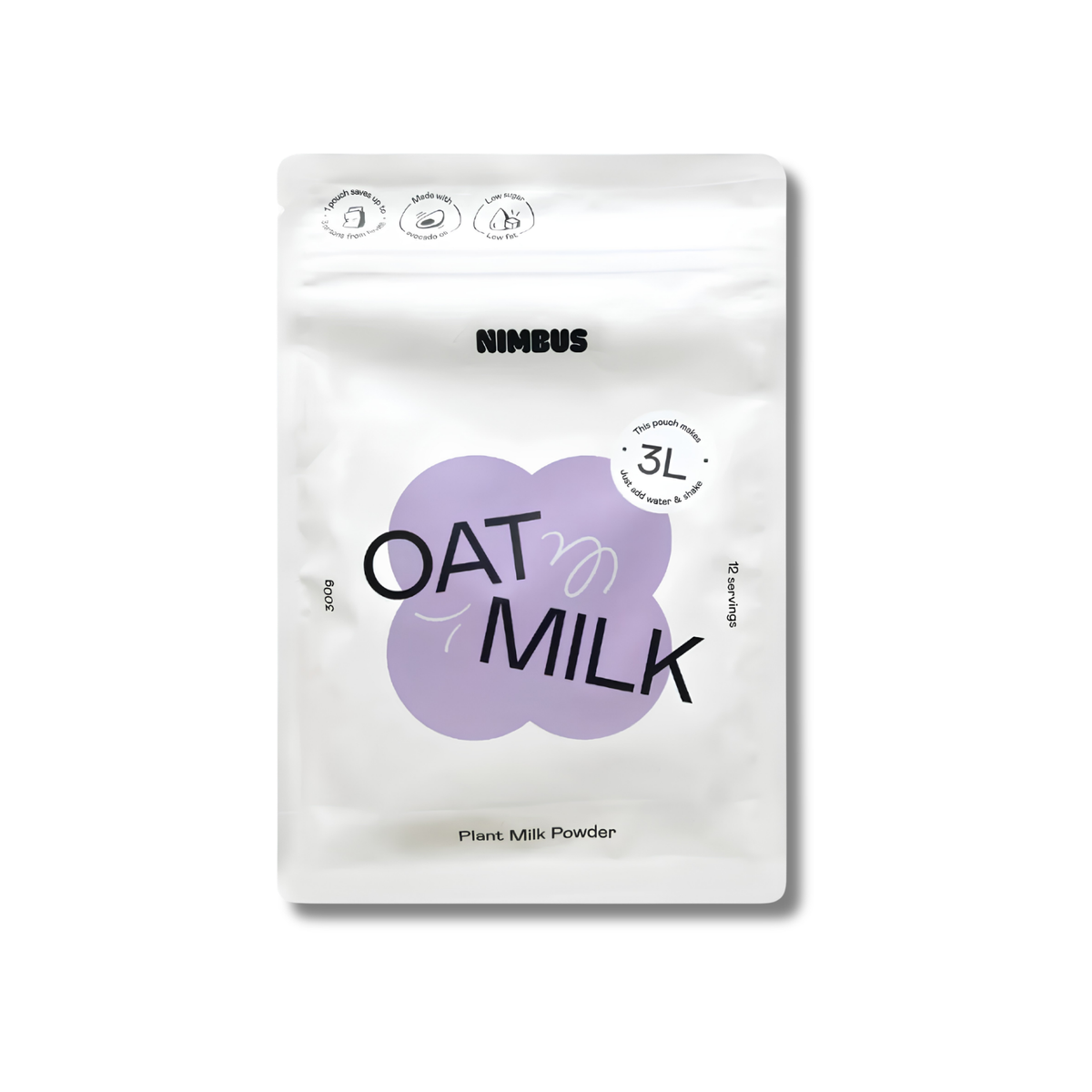 A white stand-up pouch of Nimbus Plant Milk Powder, featuring a large light purple cloud graphic with the words 'OAT MILK' in black text on the front, set against a plain white background.
