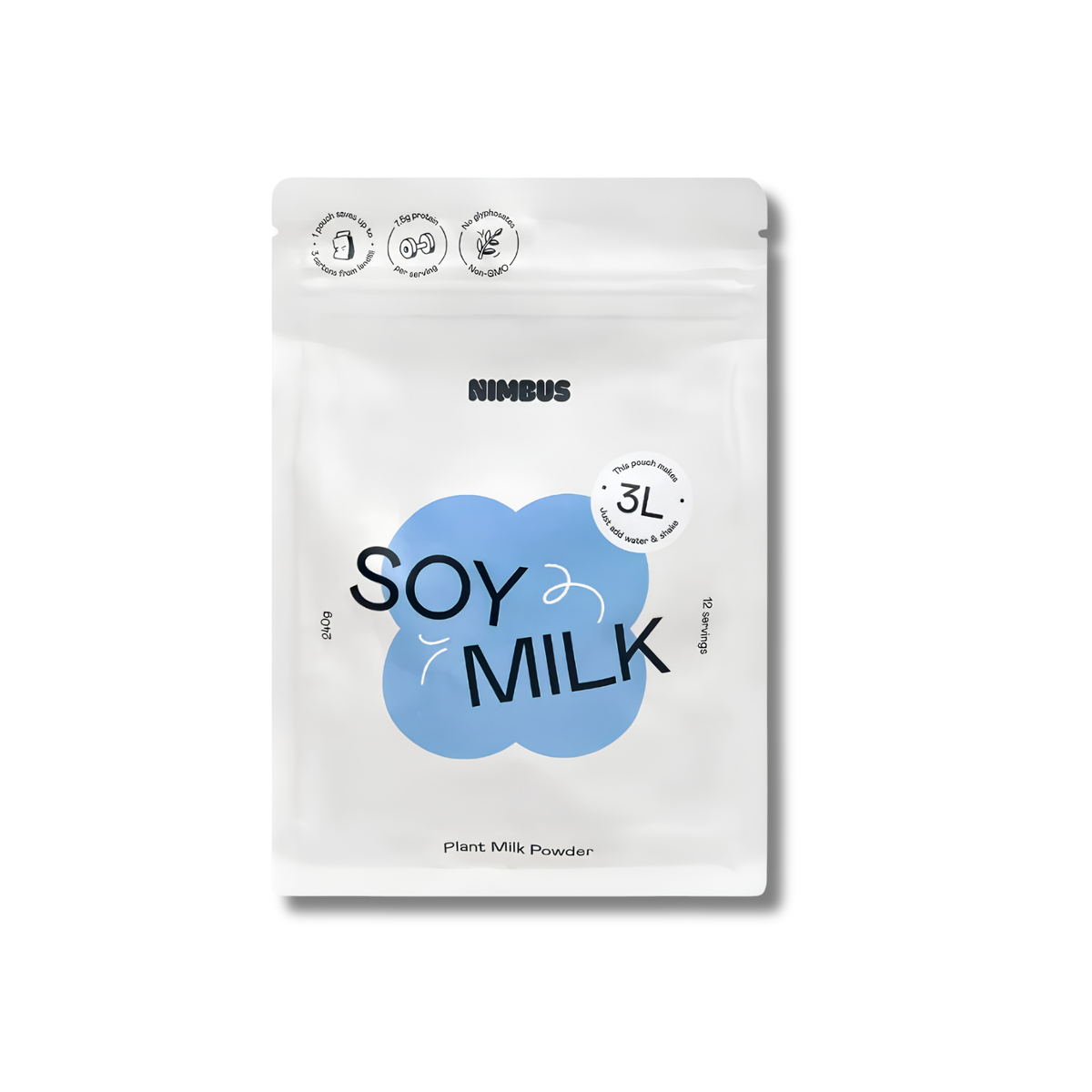 A white stand-up pouch of NIMBUS Soy Milk plant milk powder, featuring a light blue cloud graphic with the words 'SOY MILK' in black text, on a clean white background.
