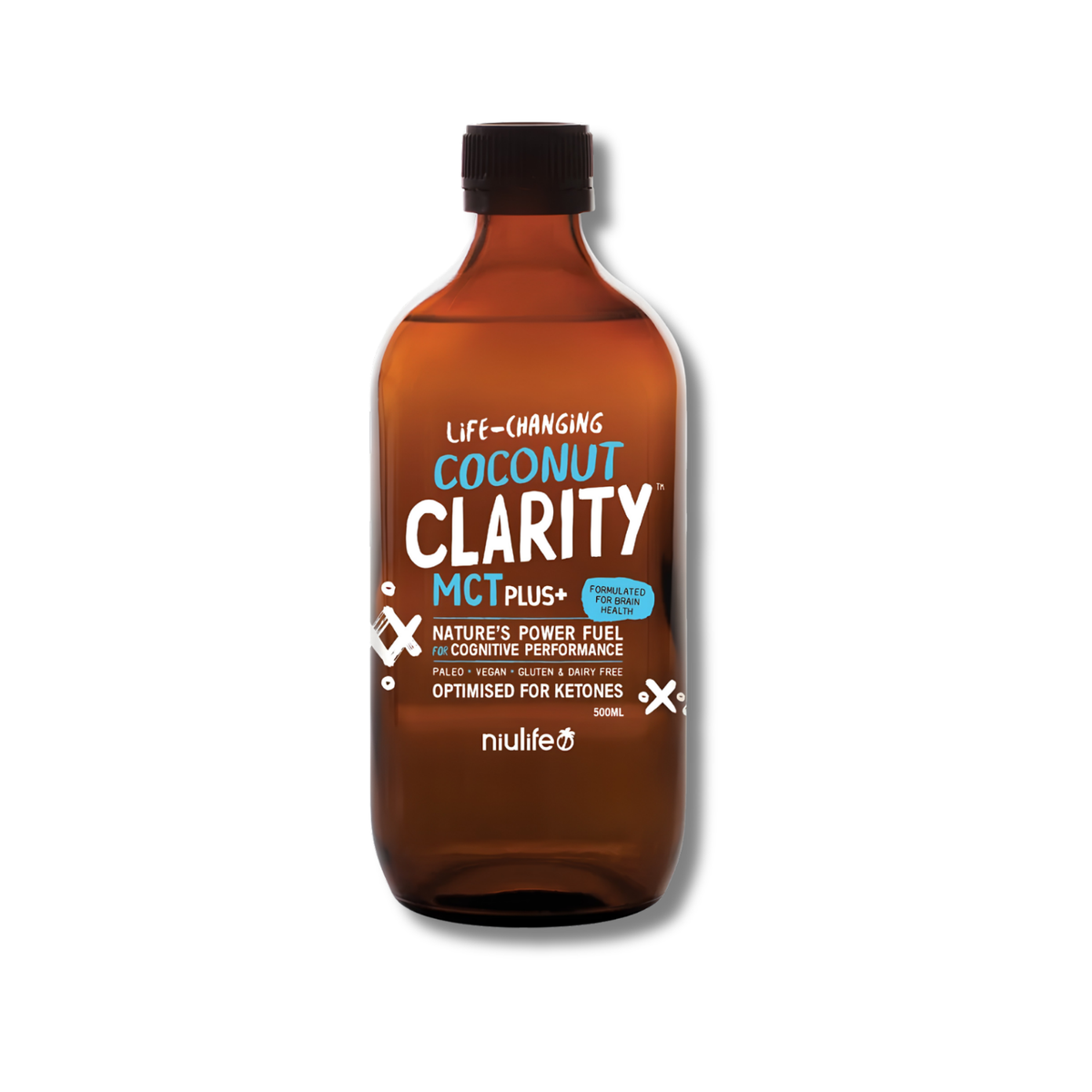 A 500ml amber brown bottle of niulife Coconut Clarity MCT Plus supplement, featuring a black cap and a white, blue, and orange label, set against a plain white background.
