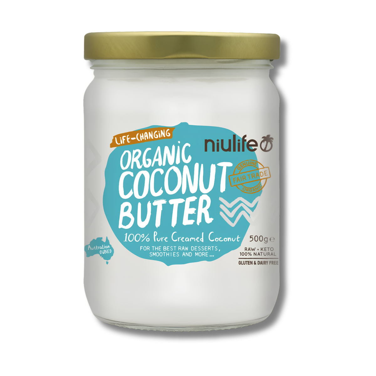 A 500g glass jar of niulife Organic Coconut Butter with a gold lid and a white label featuring a teal graphic.