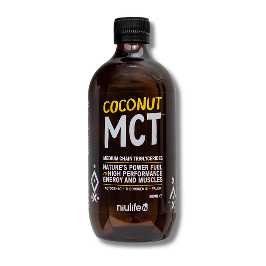 A 500ml bottle of nuliife Coconut MCT Medium Chain Triglycerides, featuring a dark amber brown bottle, black cap, and a black label with yellow and white text, set against a plain white background.