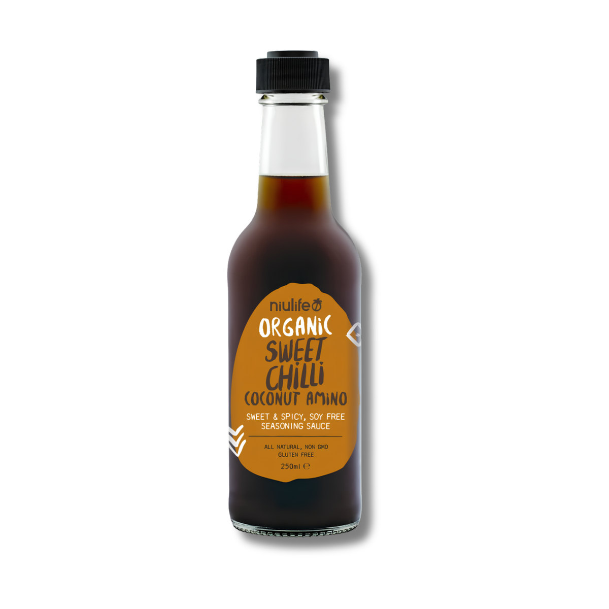 A bottle of Niulife Organic Sweet Chili Coconut Amino Sweet & Spicy Seasoning Sauce, featuring a dark brown liquid, a black cap, and a prominent orange label, set against a plain white background.