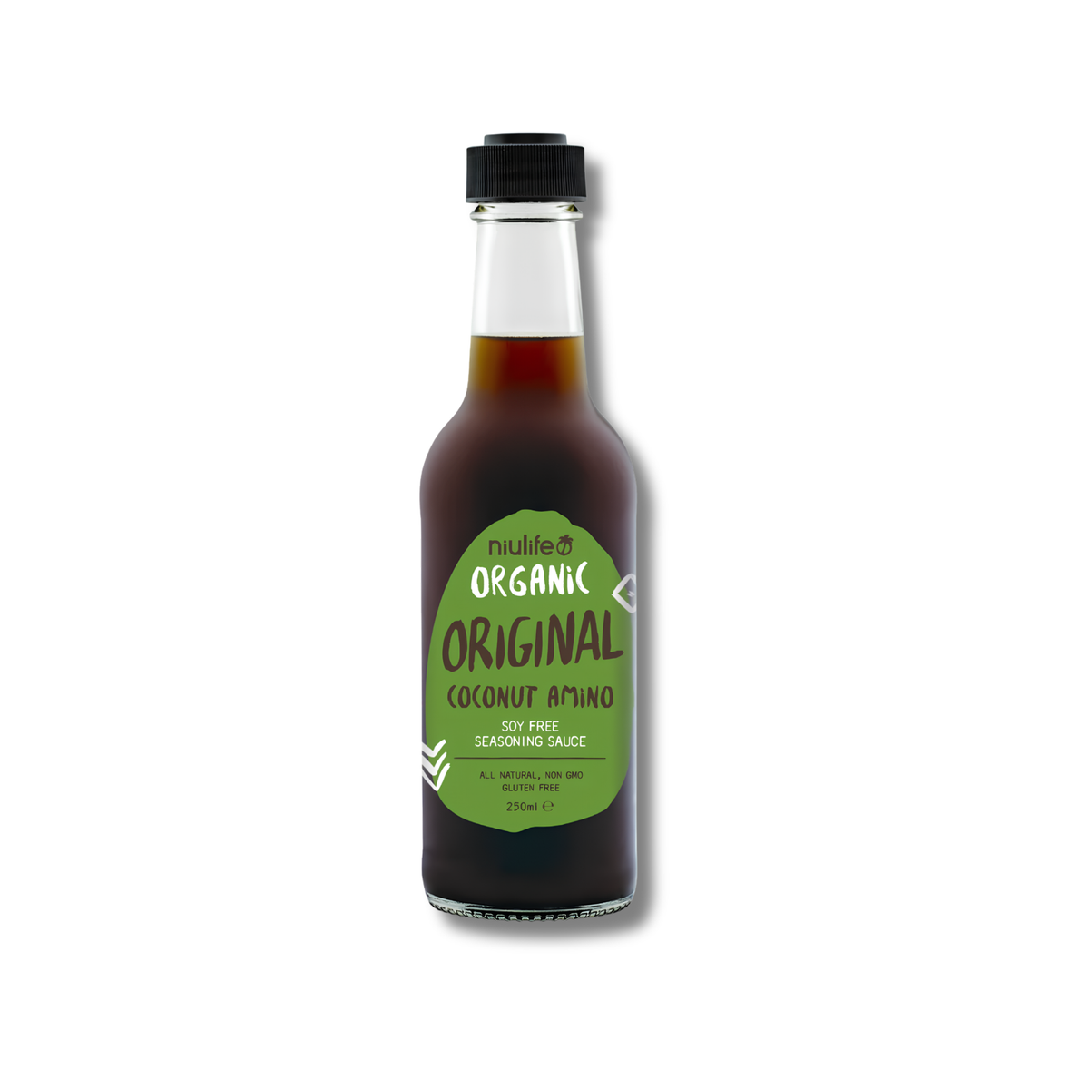 A bottle of Nutri-Lo Organic Original Coconut Amino Soy Free Seasoning Sauce, featuring a dark brown sauce inside a clear glass bottle with a black cap and a green label.