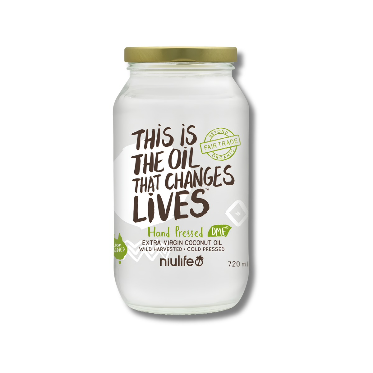 A glass jar of Nulife hand pressed extra virgin coconut oil with a gold metal lid and a white label featuring brown and green text.