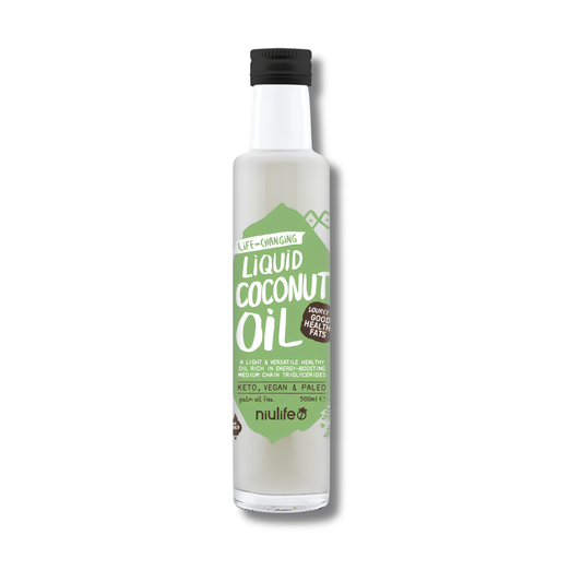 A 500ml glass bottle of nullife Liquid Coconut Oil with a black cap and a green label, shown on a white background with a soft shadow.