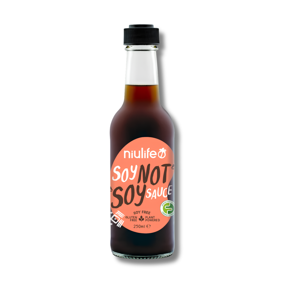 A bottle of niulife Soy Not Soy Sauce, 250ml, featuring a dark brown sauce inside a clear glass bottle with a black cap and a prominent orange label.