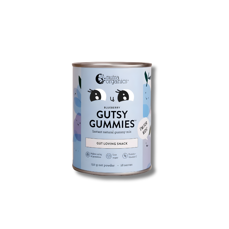 Can of Nutra Organics Gutsy Gummies on a white background