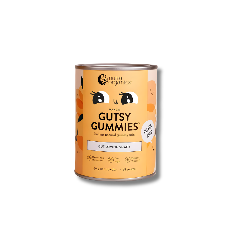 Can of Nutra Organics Gutsy Gummies on a white background