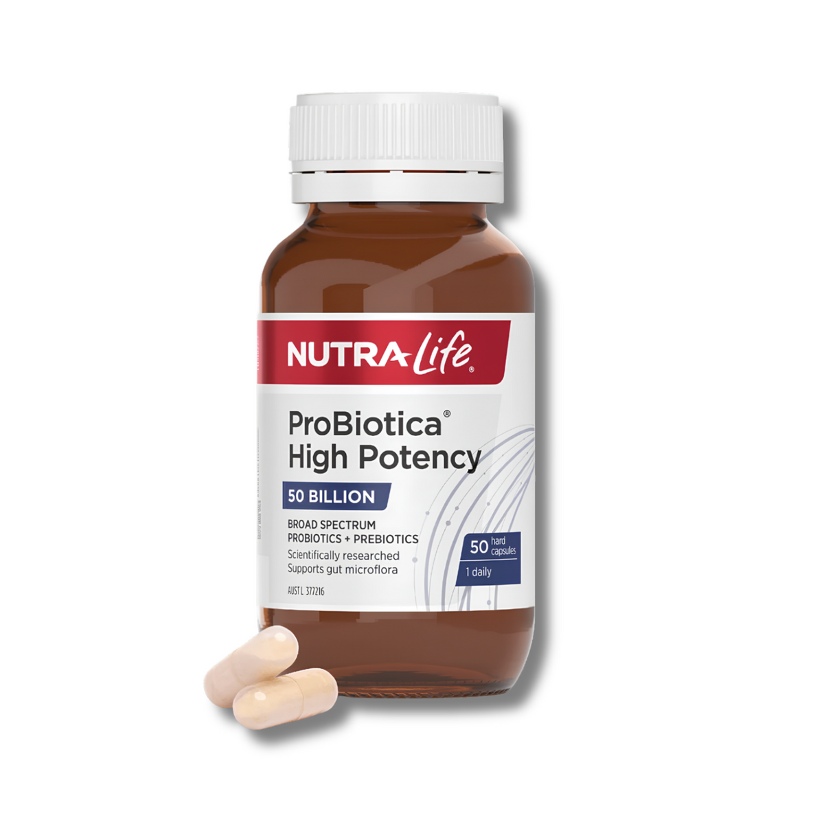 A bottle of Nutra-Life ProBiotica High Potency probiotics and prebiotics, shown with two beige capsules in front on a plain white background.