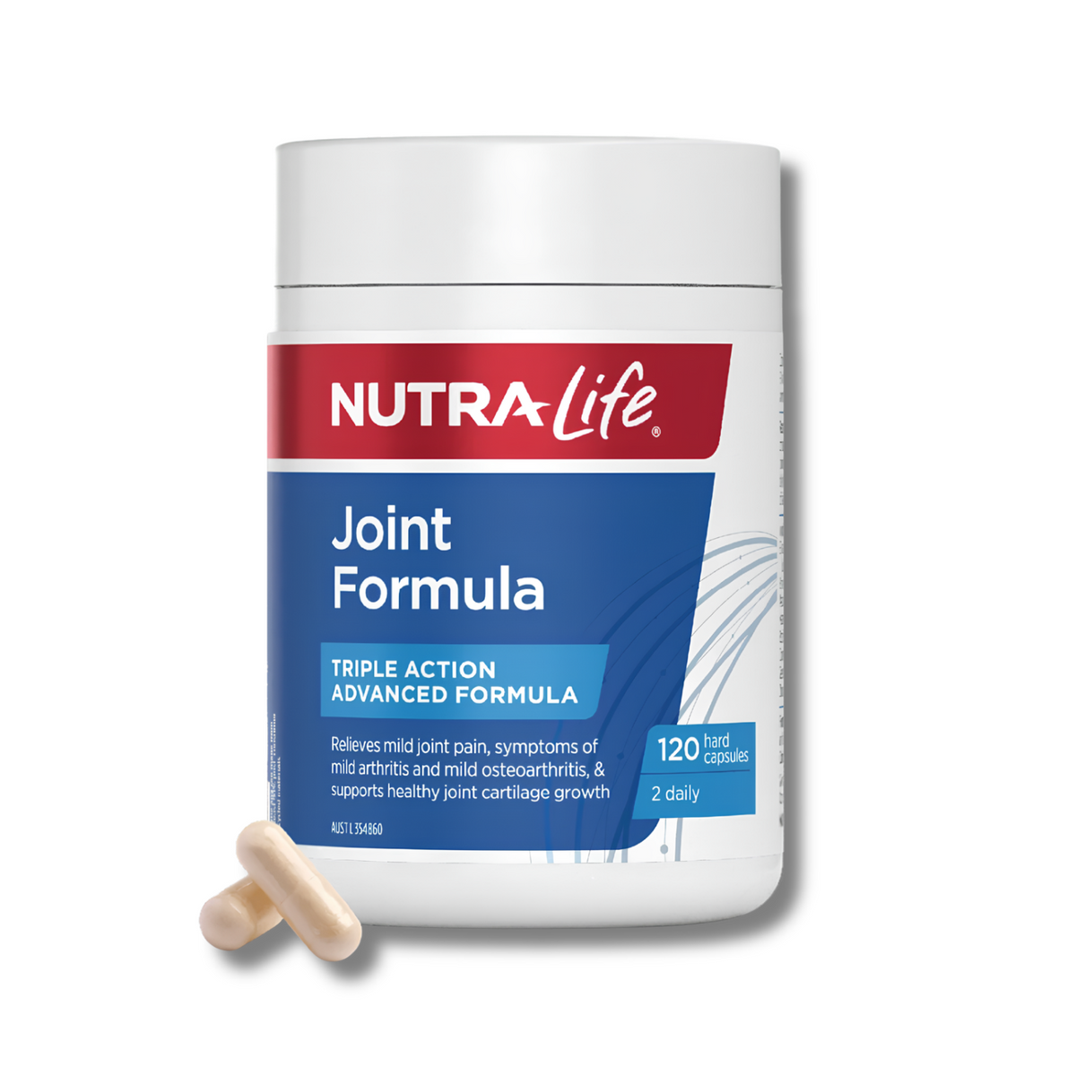 A white bottle of Nutra-Life Joint Formula with two beige capsules in front, set against a clean white background.