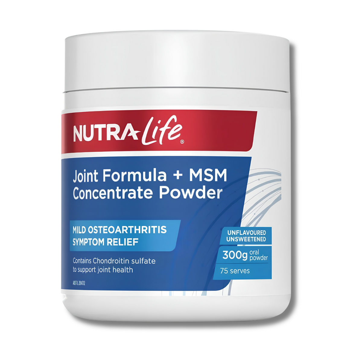A white plastic tub of NUTRA-Life Joint Formula + MSM Concentrate Powder with a blue and red label, shown on a plain white background.