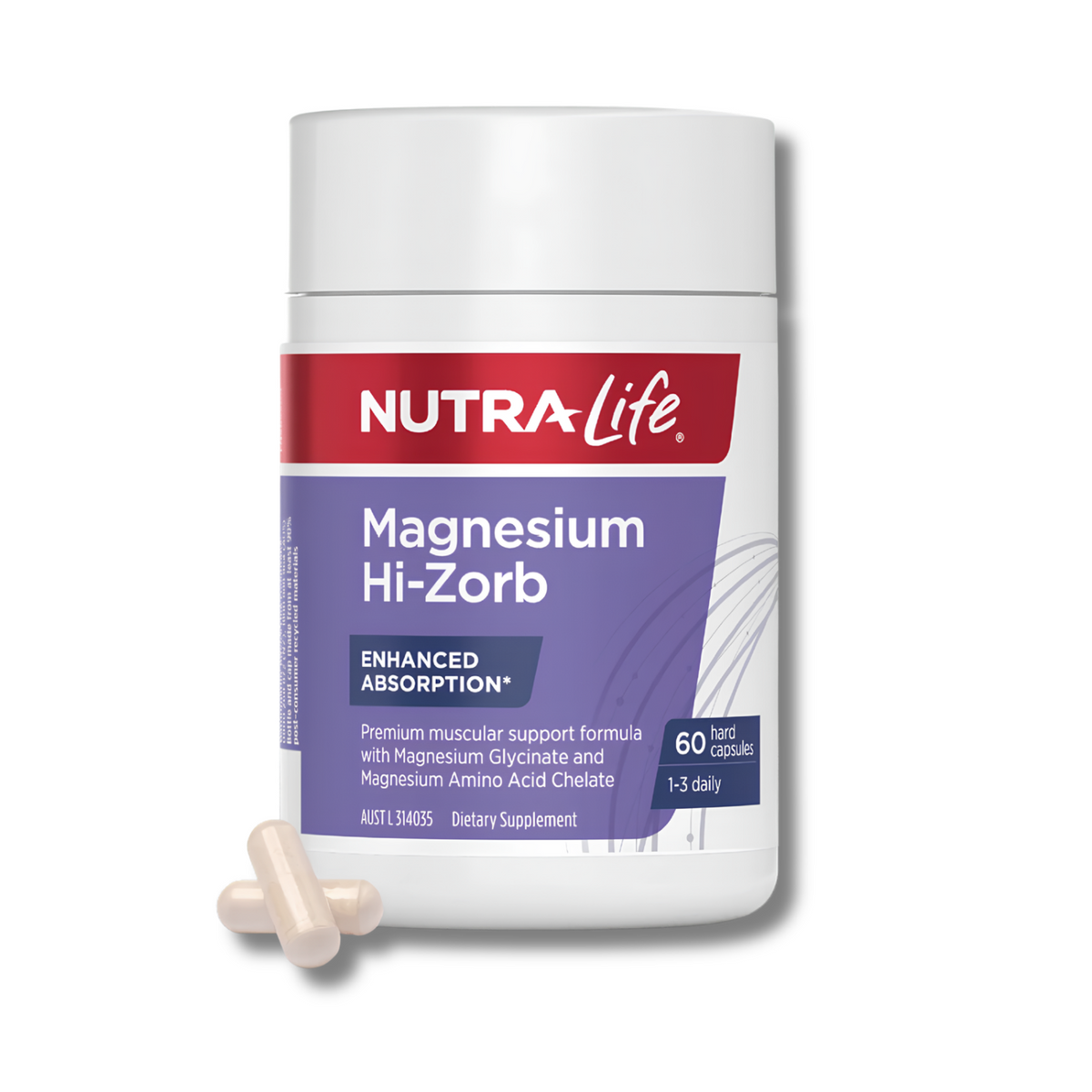 A white bottle of Nutra-Life Magnesium Hi-Zorb dietary supplement with a purple and red label, shown on a white background with two beige capsules in front.