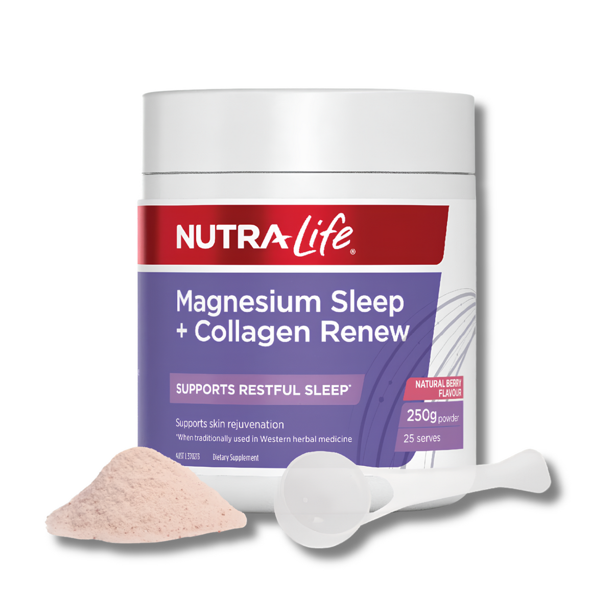 NutraLife Magnesium Sleep + Collagen Renew supplement jar with a white lid and white container, featuring a red and purple label. A small pile of pale pink powder and a white scoop are placed in front on a clean white background.