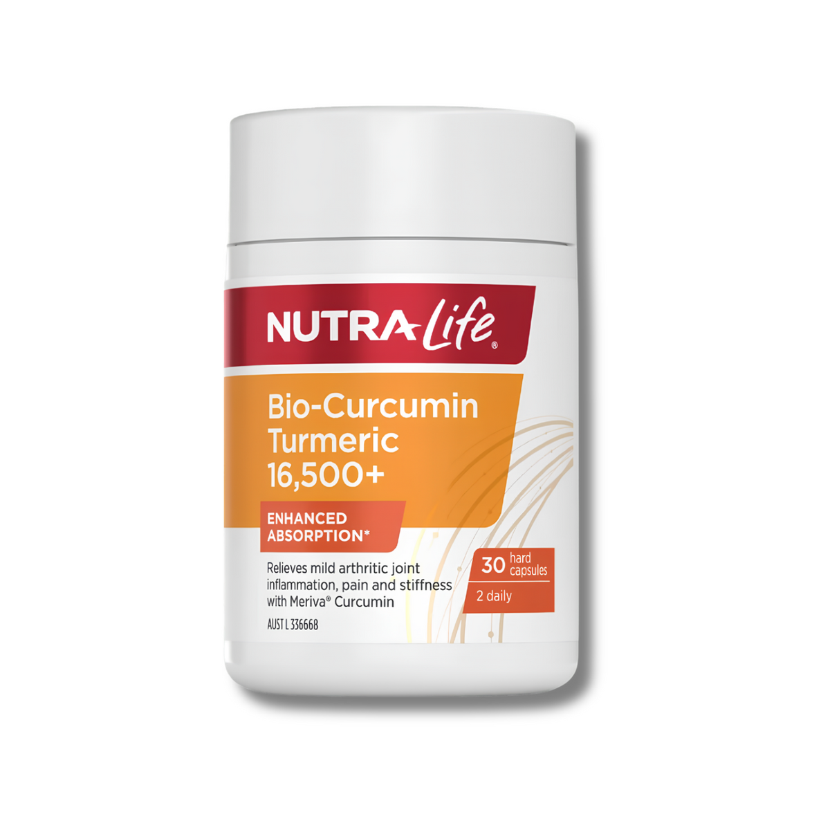 A white bottle of NUTRA-Life Bio-Curcumin Turmeric 16,500+ dietary supplement capsules, featuring a red and orange label, on a clean white background.