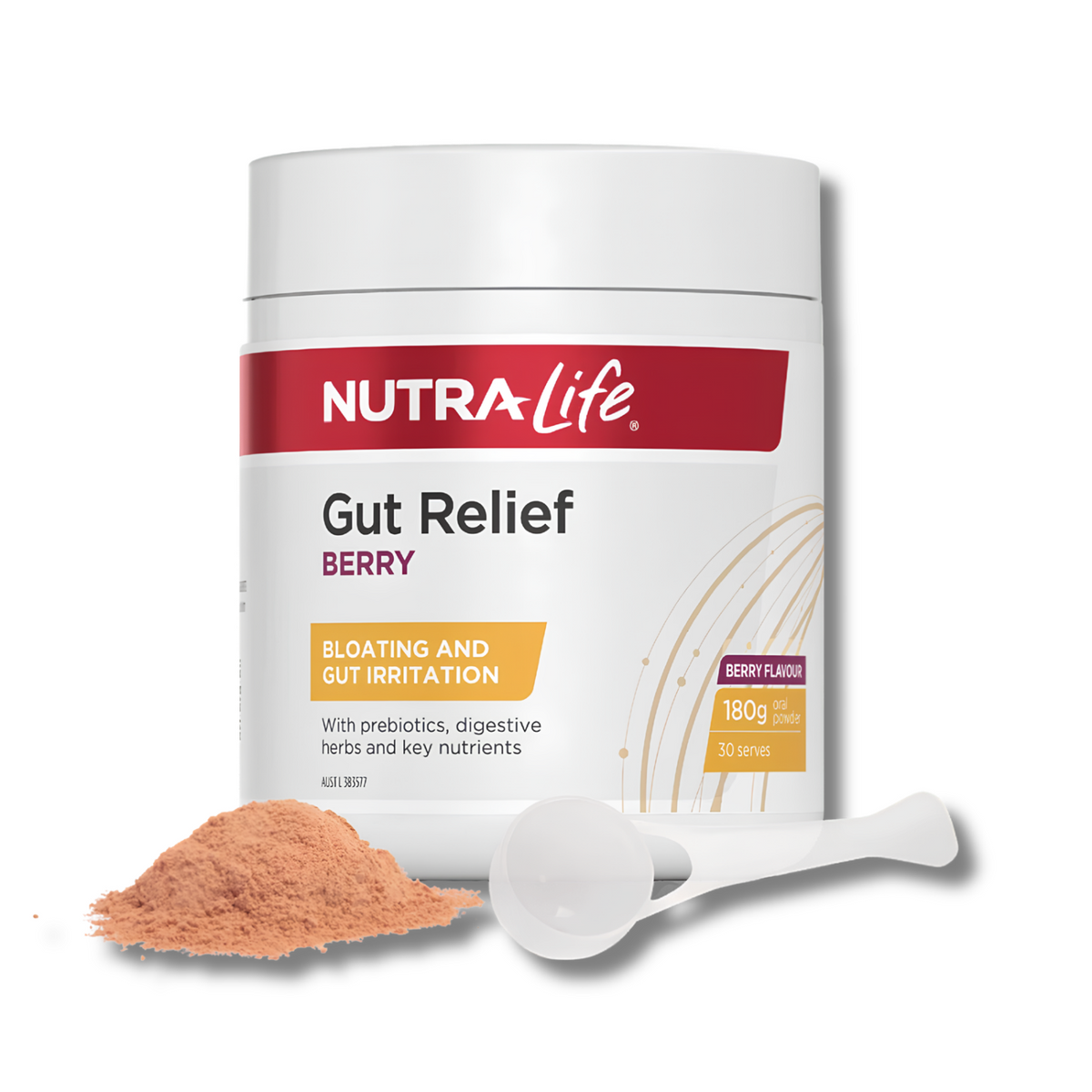 Nutra Life Gut Relief Berry powder supplement in a white plastic jar with a red and gold label, shown with a small pile of the pinkish-brown powder and a white scoop on a clean white background.