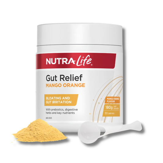 A white tub of Nutra-Life Gut Relief Mango Orange powder with a small pile of yellow-orange powder and a white scoop in front, on a clean white background.
