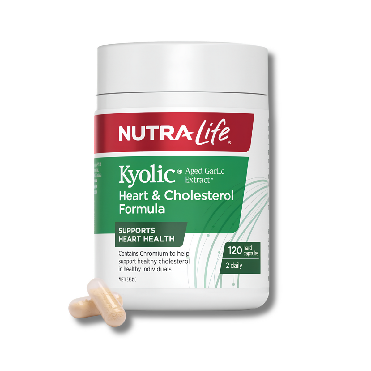 A white bottle of NUTRA-Life Kyolic Aged Garlic Extract Heart & Cholesterol Formula with two beige capsules in front, on a clean white background.