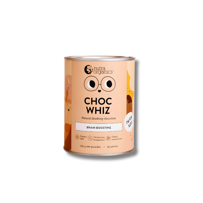 Can of Nutra Organics Choc Whiz on a white background