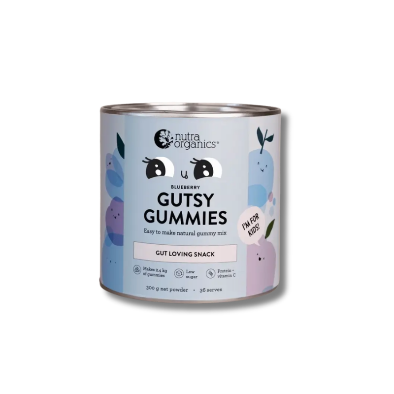Canister of Nutra Organics Blueberry Gutsy Gummies on a white background