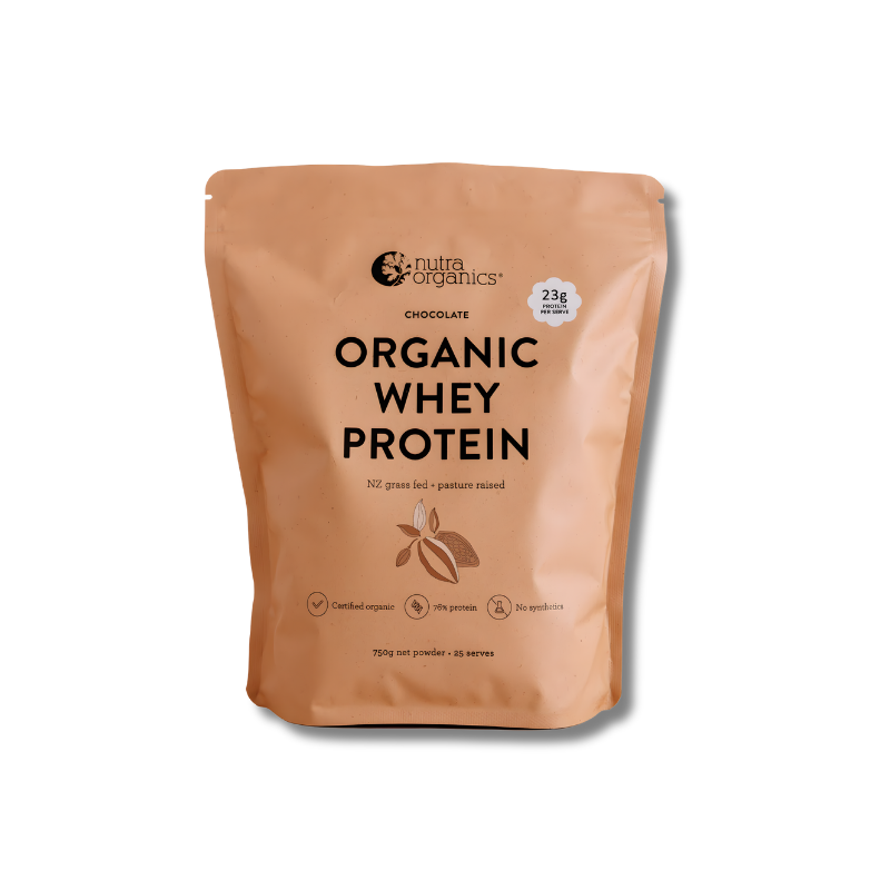 Package of Nutra Organics Organic Whey Protein on a white background