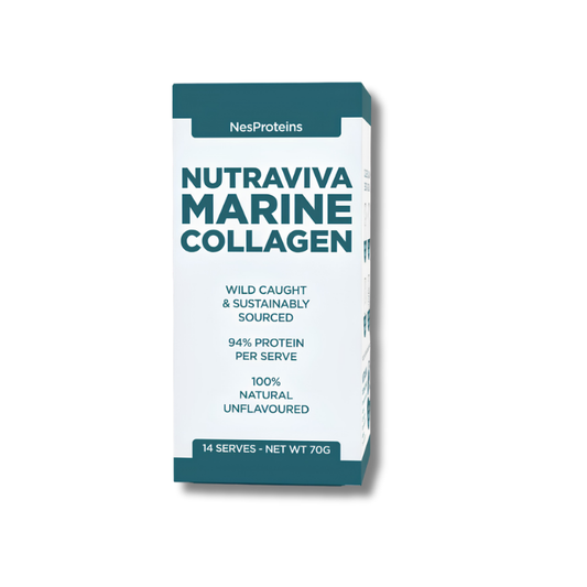 Box of NesProteins Nutraviva Marine Collagen on a white background