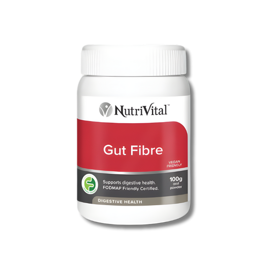 Nutrivital Gut Fibre – FODMAP-friendly prebiotic fibre supporting digestive health, gut balance, and regularity naturally.