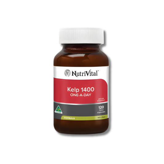 Nutrivital Kelp 1400 One-A-Day – natural iodine source to support thyroid health, energy, and metabolism.