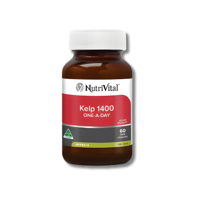 Nutrivital Kelp 1400 One-A-Day – natural iodine source to support thyroid health, energy, and metabolism.