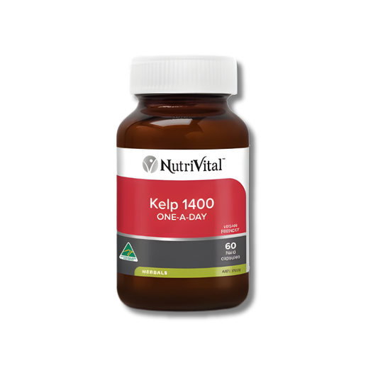 Nutrivital Kelp 1400 One-A-Day – natural iodine source to support thyroid health, energy, and metabolism.