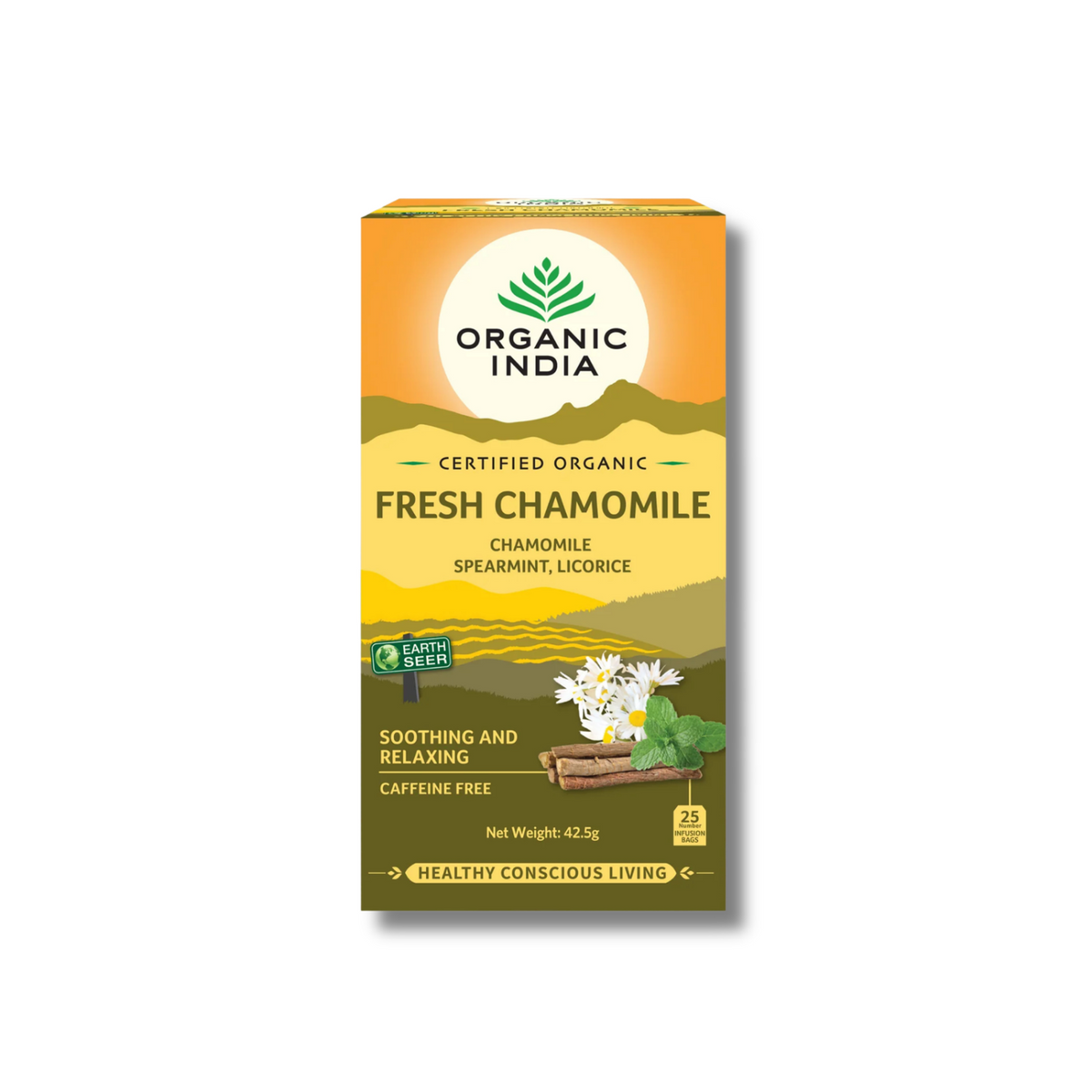 A box of Organic India Certified Organic Fresh Chamomile tea, featuring a warm yellow-to-olive green gradient design with chamomile flowers and leaves, set against a plain white background.