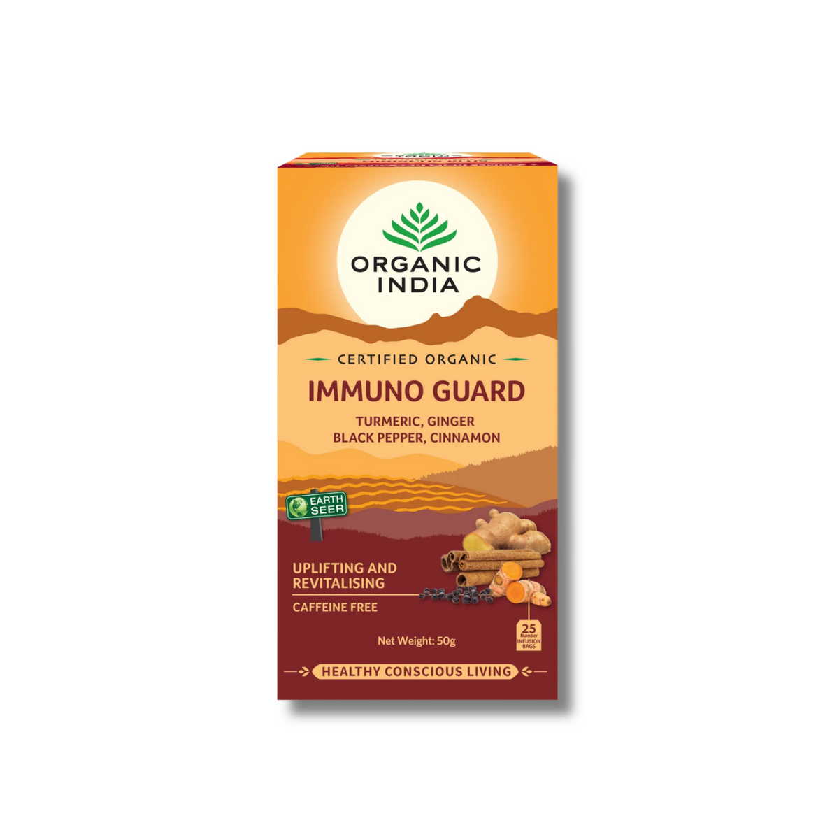A box of Organic India Immuno Guard herbal tea, featuring a warm orange and brown design with illustrations of turmeric, ginger, black pepper, and cinnamon, set against a plain white background.
