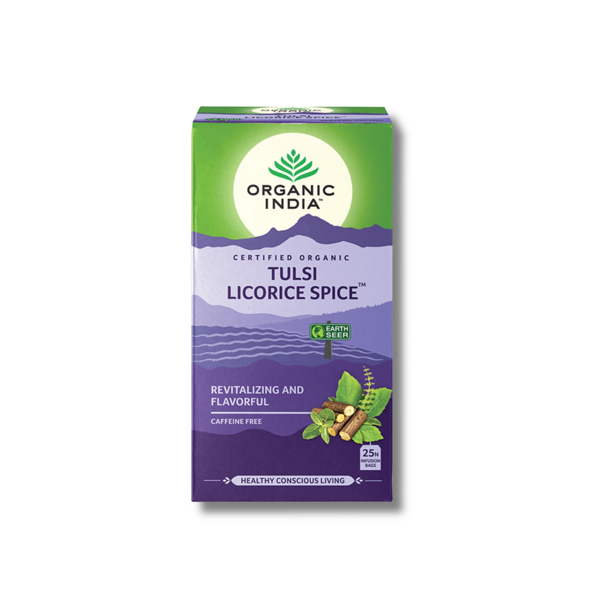 A box of Organic India Tulsi Licorice Spice on a plain white background. The packaging features a green top section, a white circular logo, and a purple lower section with illustrations of tulsi leaves and roots.