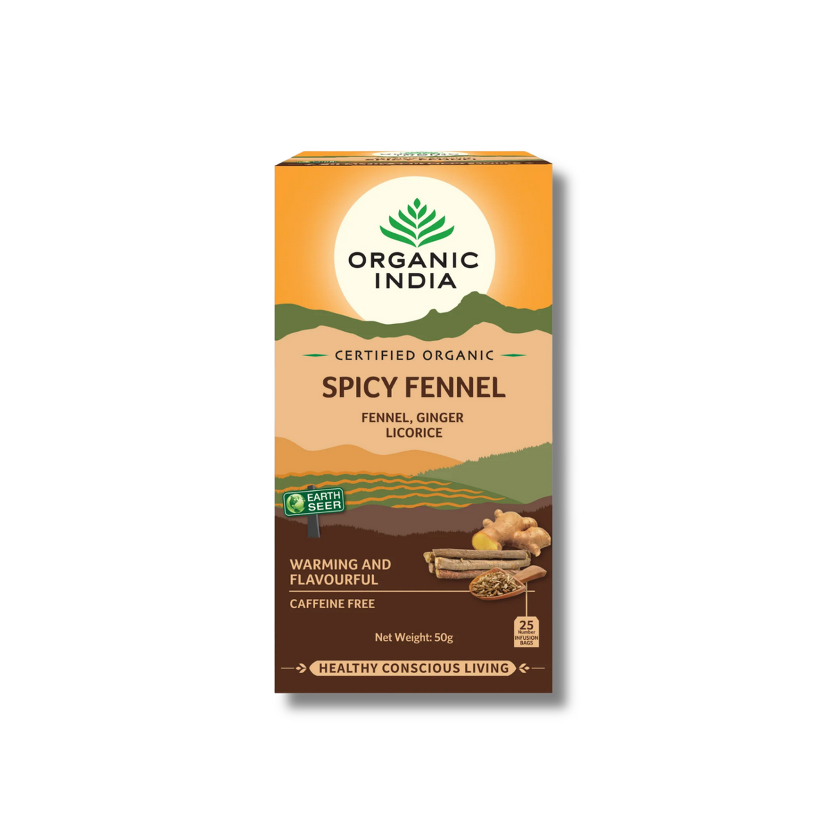 Organic Spicy Fennel Tea supports digestive wellbeing as a certified organic herbal infusion with fennel, ginger and licorice.
