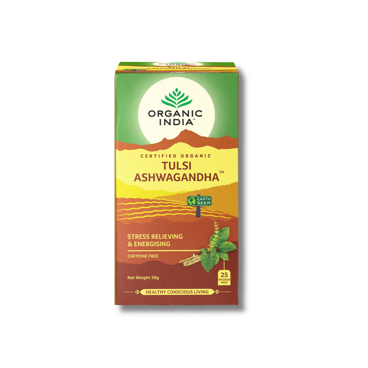 A box of Organic India Tulsi Ashwagandha tea, featuring a green, yellow, and brown design with illustrations of a plant and a mountain landscape.