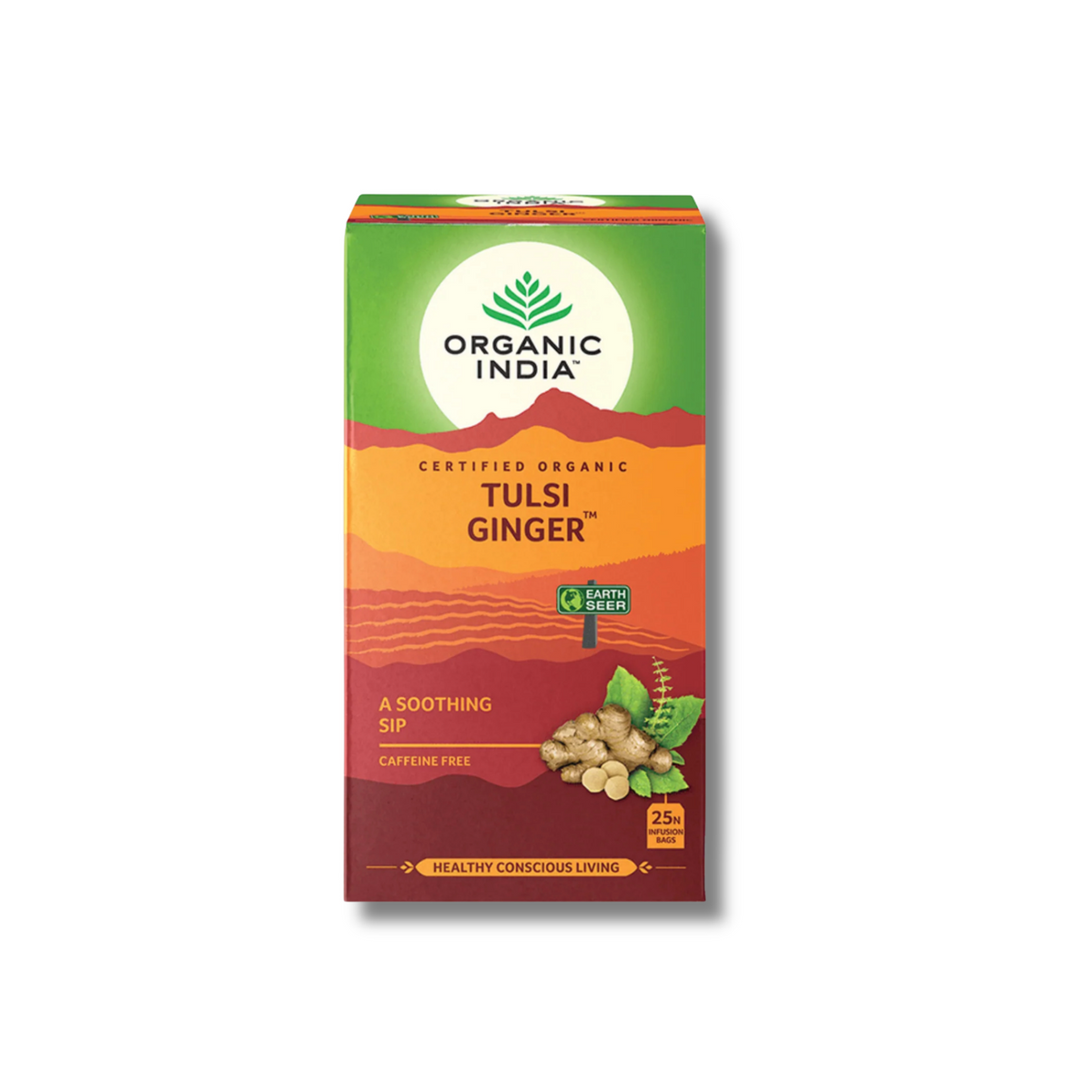 A box of Organic India Certified Organic Tulsi Ginger tea, featuring a green, orange, and red design with illustrations of ginger roots and leaves, set against a plain white background.
