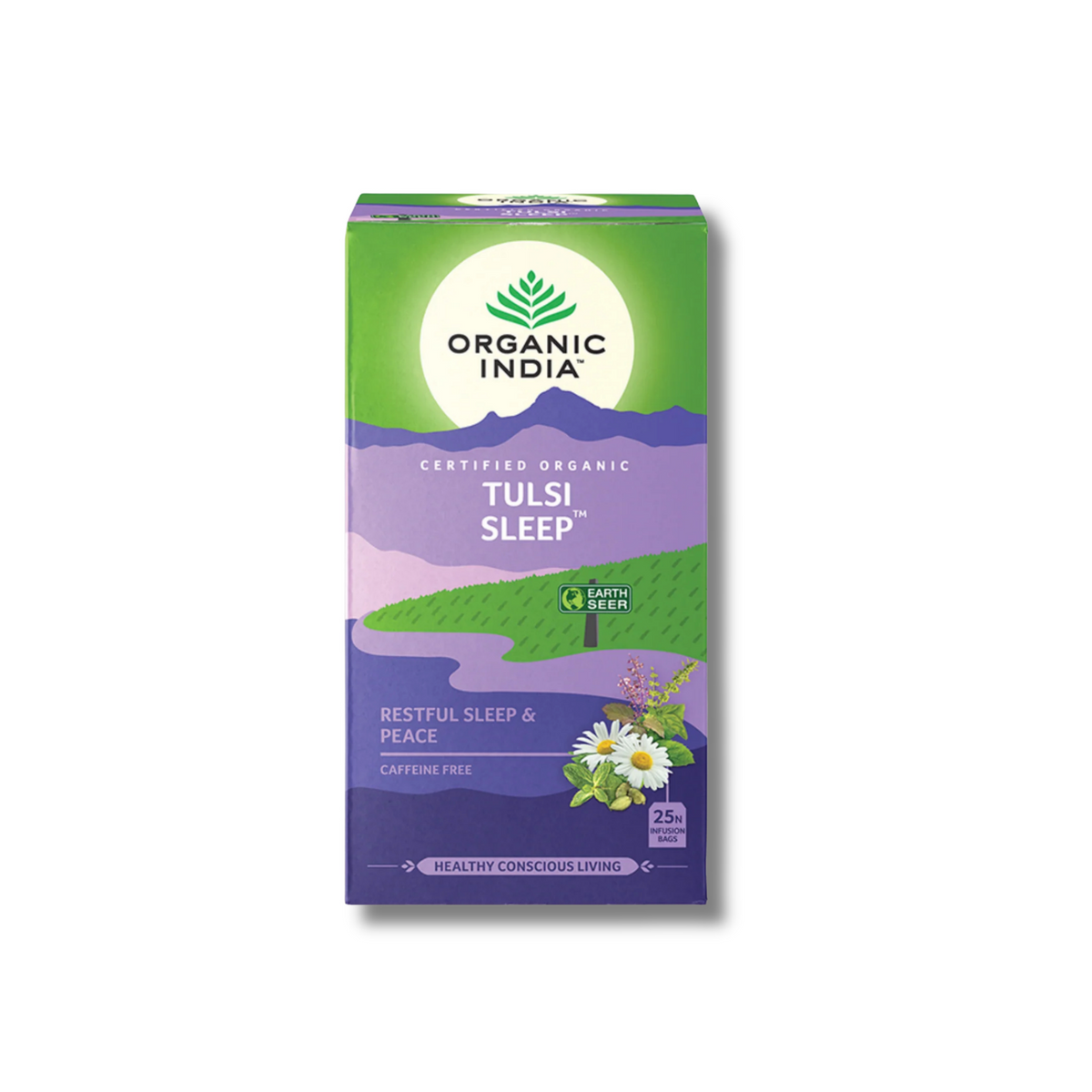 Tulsi Sleep Tea supports relaxation and restful sleep as a caffeine-free herbal blend with Tulsi, chamomile, ashwagandha and peppermint.