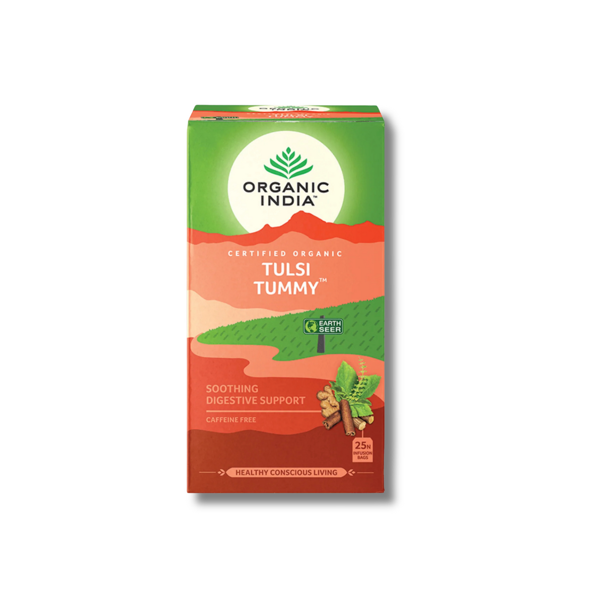 Tulsi Tummy Tea supports digestive wellbeing as an aromatic herbal blend with Tulsi, ginger, cinnamon, licorice and peppermint.