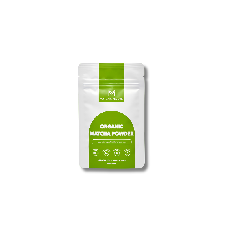 Package of organic matcha powder with a green label on a white background